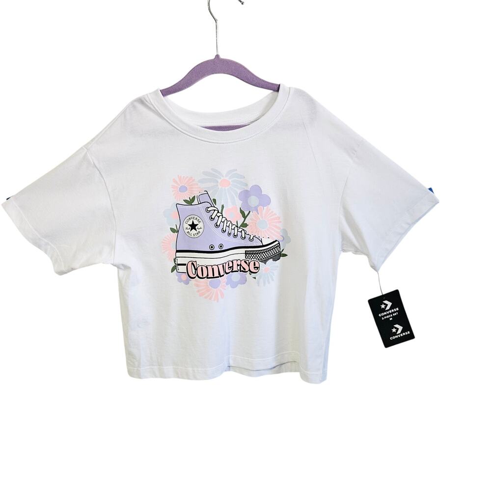 Converse Tee Shirt White Pastel Floral Sneaker Logo Hippie Retro Kids Size M NWT